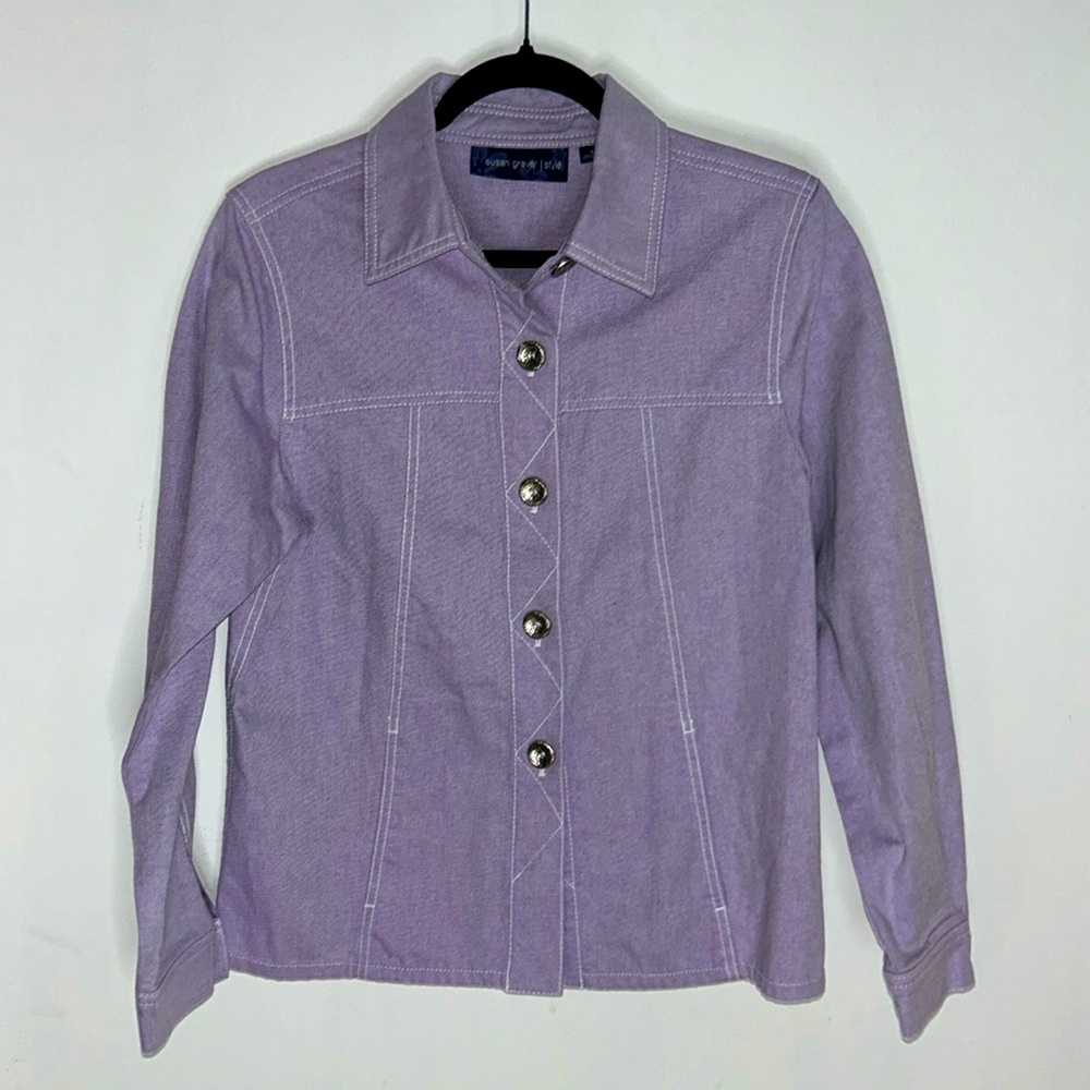 Susan Graver Womens Size S Light Purple White Stitching Big Button Denim Jacket